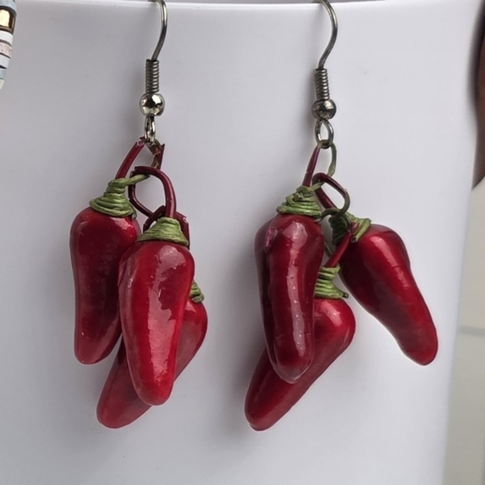 Red Chili Pepper‎ Dangle Earrings Fun Food Jewelry Handmade Unique Gift